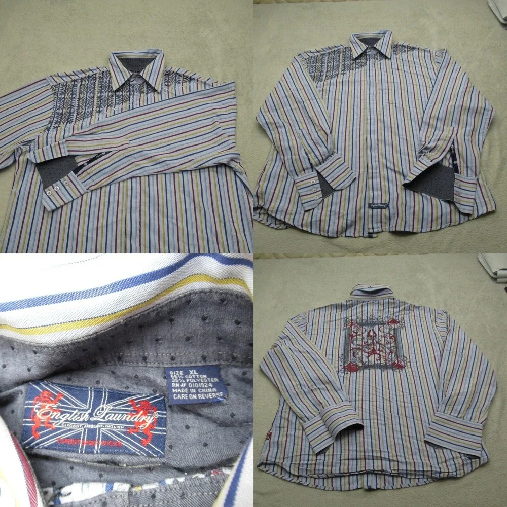 English Laundry Shirt Men XL White Striped Egypt Pharoah Embroidered Embellished